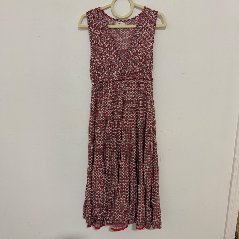 Max Studio Red Geometric Print Tiered Midi Dress Sleeveless V-Neck Smocked Large